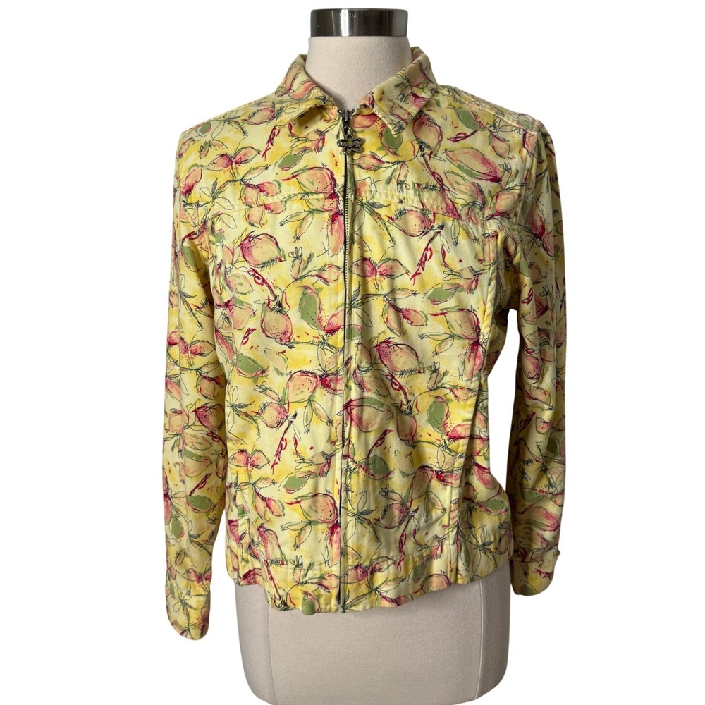 Christopher and Banks Yellow Floral Lemon Print Denim Zip Up Jacket Medium